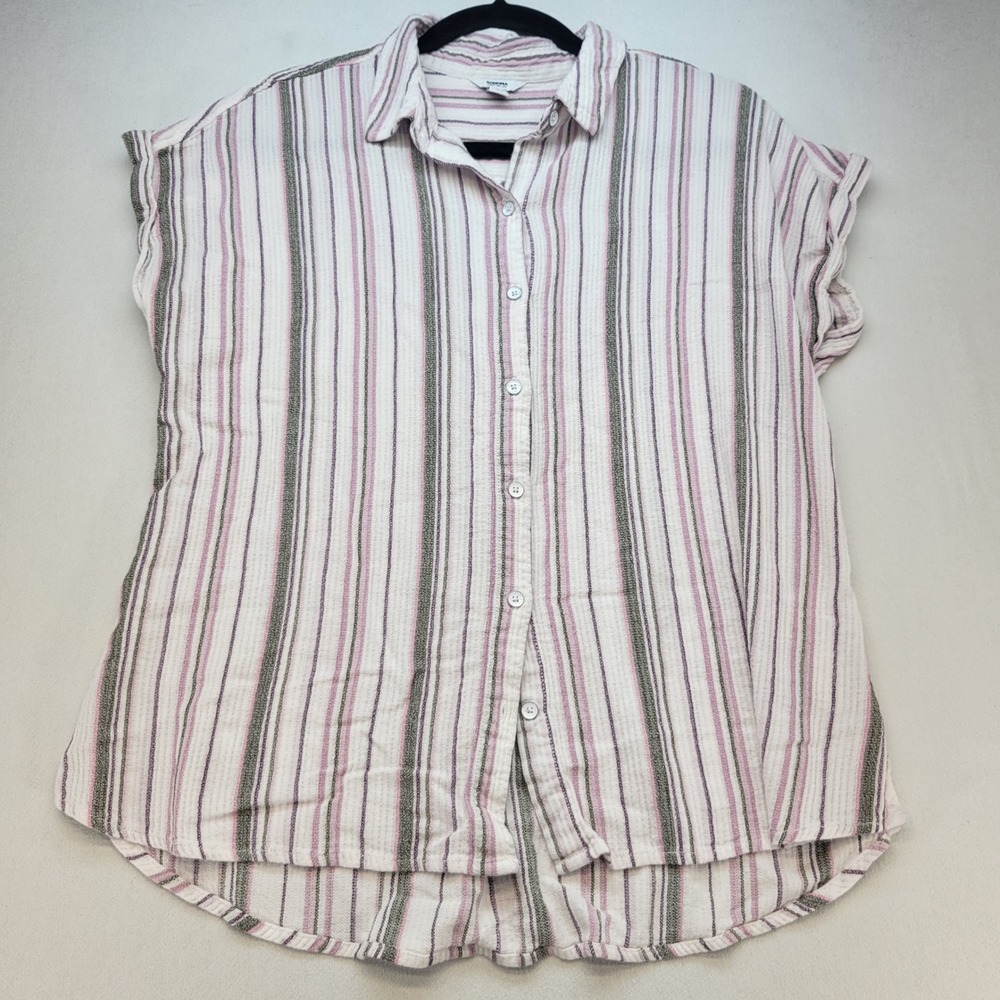Sonoma Button Down Shirt Womens Large Pink Striped Gauze Cap Sleeve Lightweight